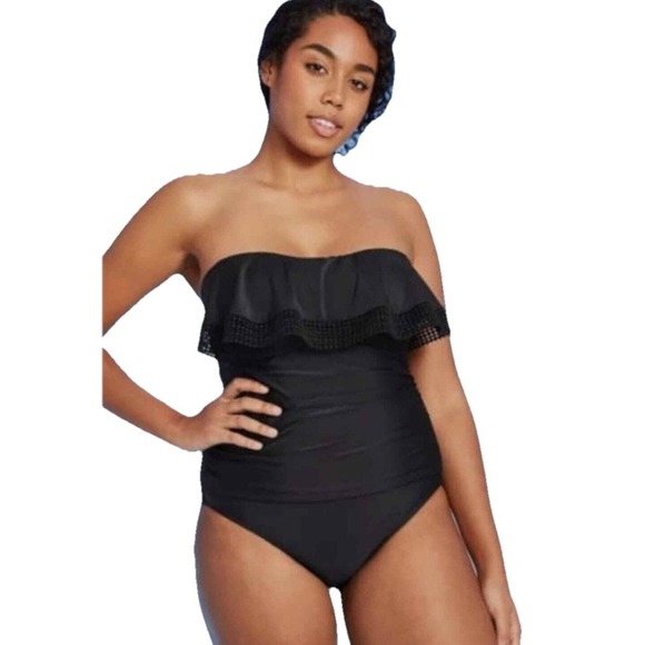 Kona Sol‎ Black  Flounce Bandeau one piece Swimsuit Large New - Picture 1 of 5